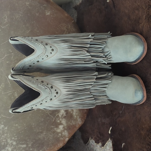 LIBERTY BLACK Vegas Fringed leather boots "Ciel"/Ice Blue LB71124 snip toe sz6.5 - Picture 12 of 16